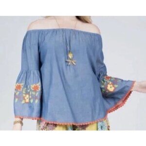 Anthropologie Ivy Jane Blue Chambray Embroidered Peasant Pullover Top
